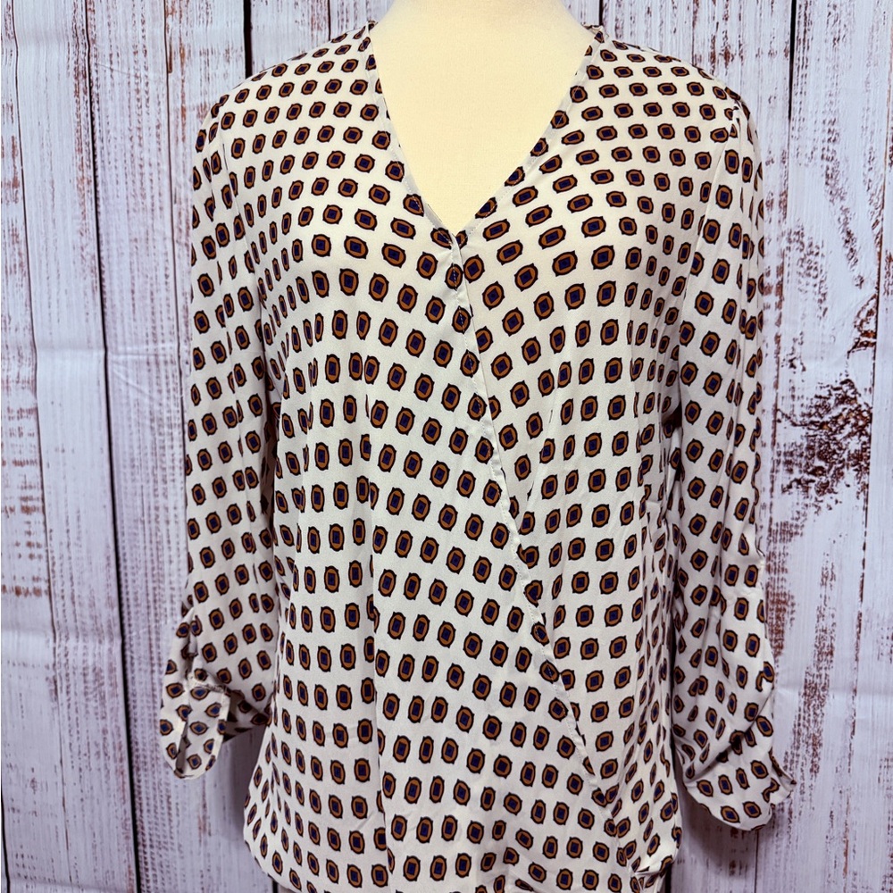 Pleione Women's‎ Geometric Print Blouse - Cream and Brown